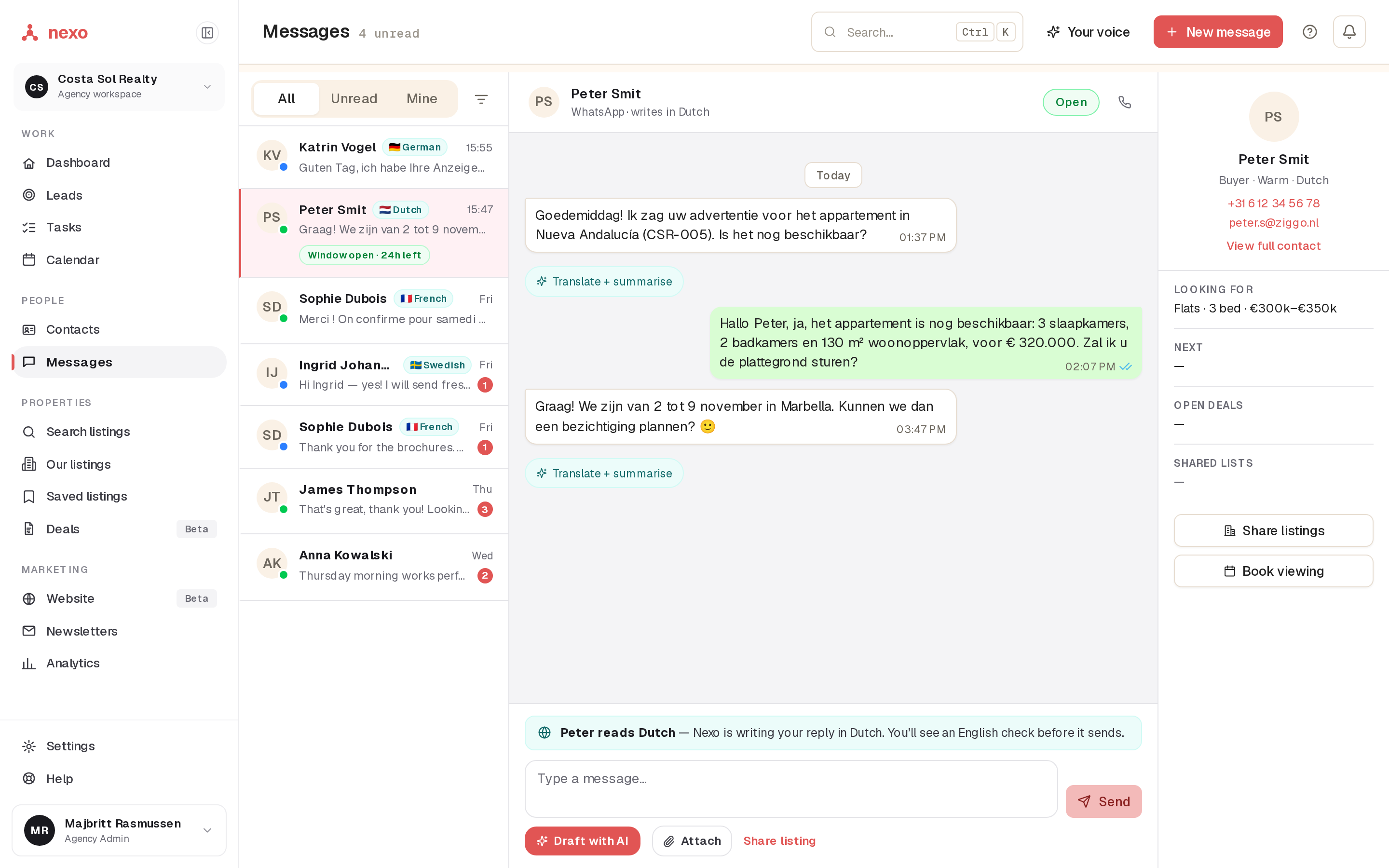 The nexo inbox with WhatsApp and email conversations, demo data