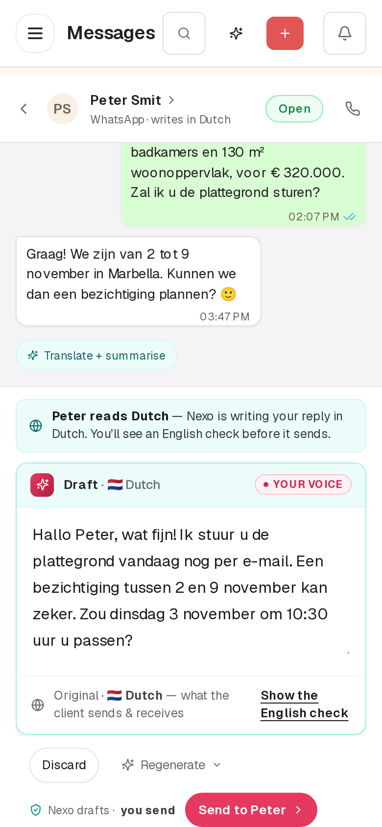 A WhatsApp conversation in nexo on a phone, demo data