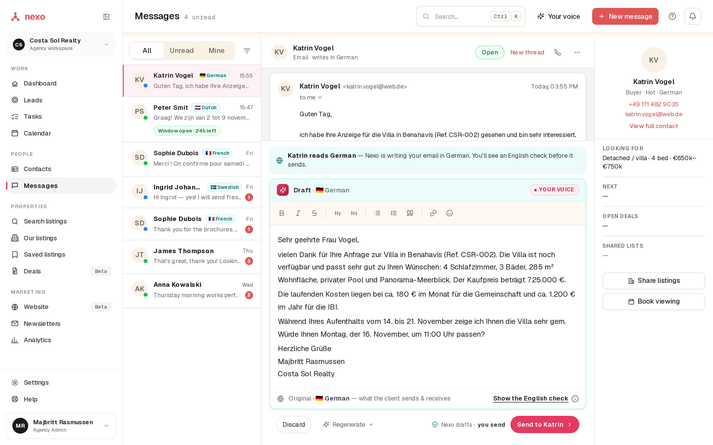 A German enquiry in nexo with a drafted reply, demo data